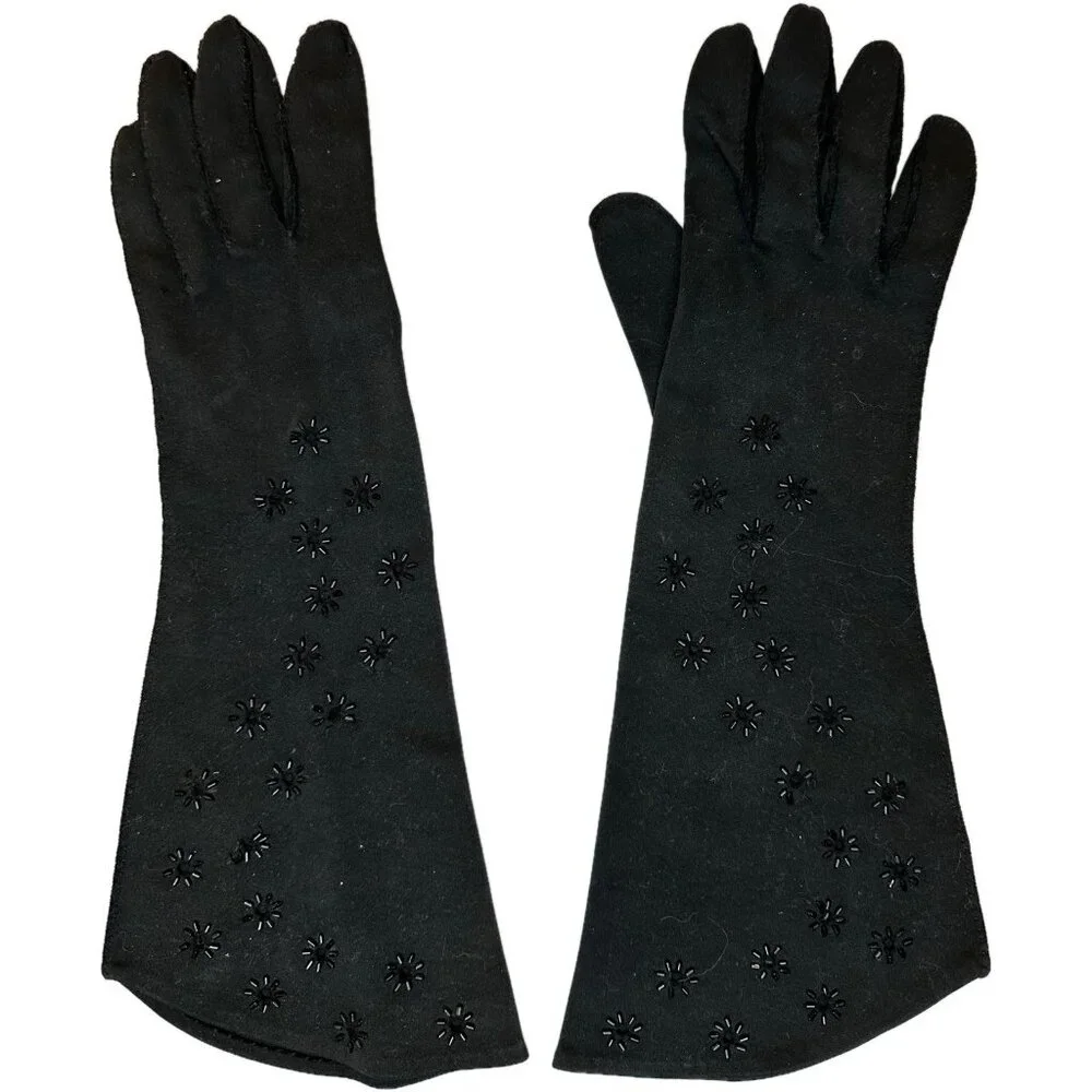 Vintage Crescendoe Black Cotton Gloves Beaded XS 6 1/2 Women's 1950s